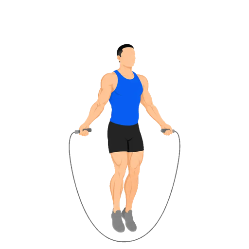 Basic-jump illustration showing an upright stance and the rope passing under both feet.